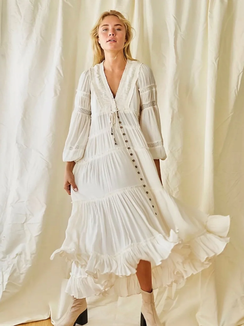 Free People Cassis Ivory Gauze and Lace Midi Dress Wedding Bohemian Size M